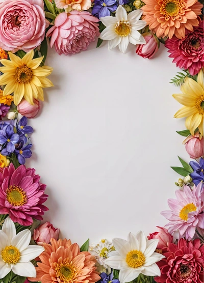 A white background with a bunch of flowers in the middle of it and a white circle in the middle of the photo with a white background, plain background, a picture, temporary art