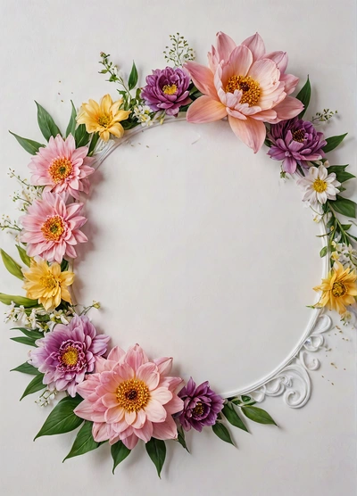 A white circular frame with flowers and leaves on it, on a white background, with a white border around the edges of the frame, plain background, a stock photo, temporary art