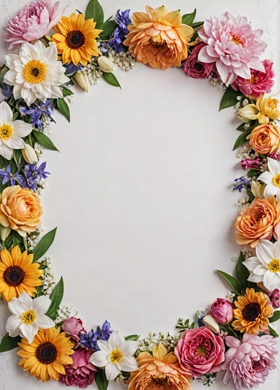 A white background with a circle of flowers on it's side and a few flowers in the middle of the circle on the side, plain background, a stock photo, temporary art