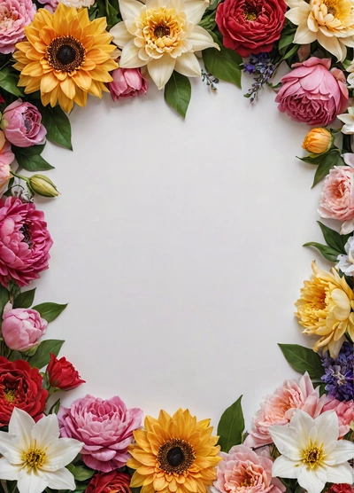 A white circle with many different flowers around it and a white background with a place for the text in the center of the circle is a circle, flowers, a picture, temporary art