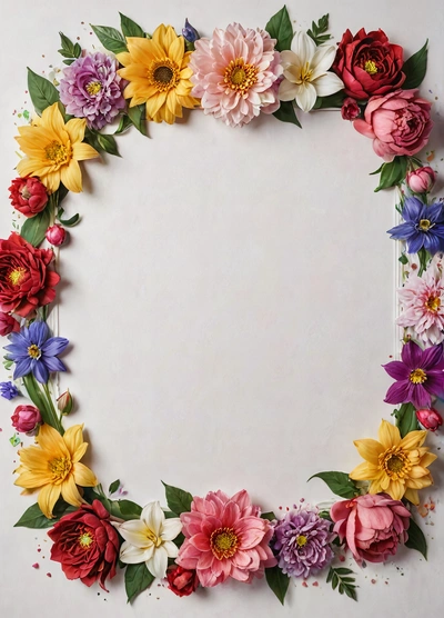 A flower frame made of paper flowers on a white background with a place for text or image in the center of the frame is a, plain background, a screenshot, temporary art