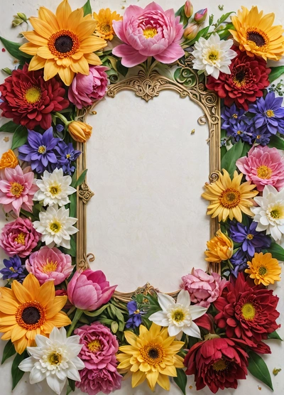 A picture frame with flowers around it on a wall with a white background and a gold frame with a white background and a gold frame with a, highly detailed digital art, a stock photo, temporary art