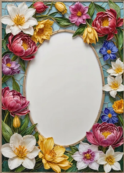 A colorful flowered frame with a white circle in the middle of it and a blue background with a gold border around the edges of the circle, highly detailed digital painting, a digital rendering, cloisonnism