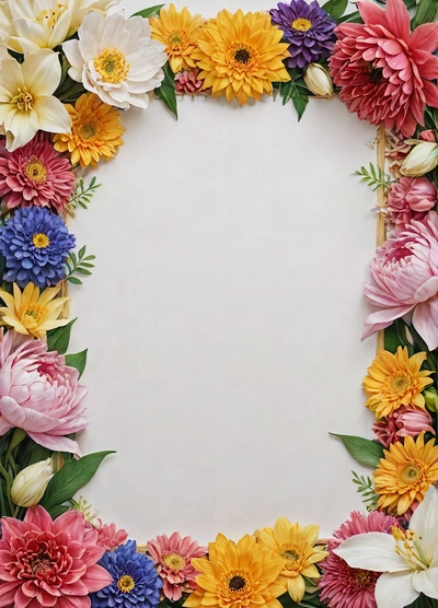 A white background with a bunch of flowers around it and a white sheet of paper in the middle of the frame with a white background, plain background, a minimalist painting, temporary art