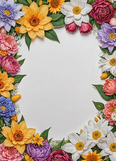 A picture of a bunch of flowers arranged in a circle on a white background with a place for a text or a picture of a flower, highly detailed digital painting, a detailed painting, temporary art