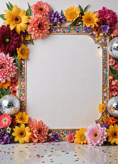 A mirror with a bunch of flowers on it and a disco ball in the middle of the frame with a white background and a white space for text, plain background, a stock photo, cloisonnism