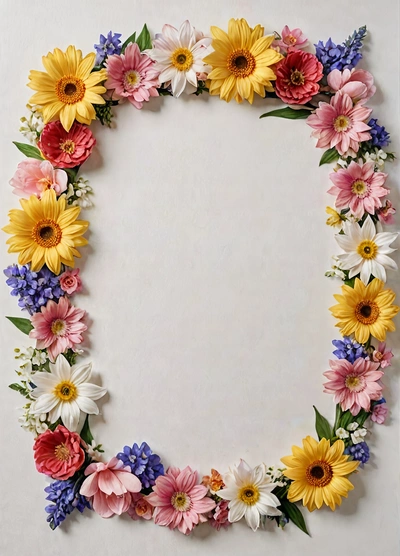 A picture of a flower frame made of flowers on a white background with a place for the text in the middle of the picture is a circle, product photo, a stock photo, temporary art