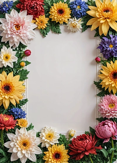 A picture frame made out of fake flowers and leaves with a white background for a photo or a card or a message or message or message, plain background, a stock photo, temporary art