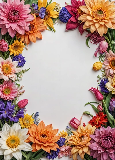 A white background with a circle of colorful flowers on it's side and a white center with a few smaller flowers on it's side, flowers, a picture, temporary art