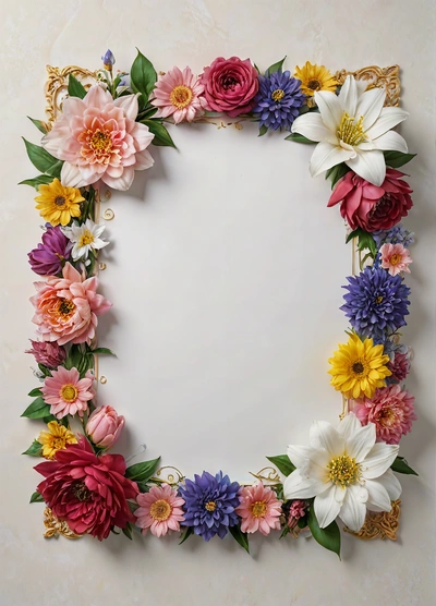 A picture frame made of flowers on a wall with a white background and a gold frame with flowers on it, with a white background with a white background, highly detailed digital art, a digital rendering, temporary art