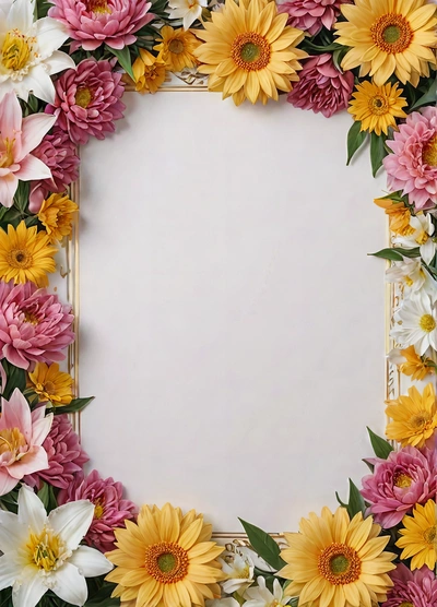 A square frame with flowers on a white background with a gold border around it and a white background with a gold border around it and a white border, plain background, a screenshot, folk art