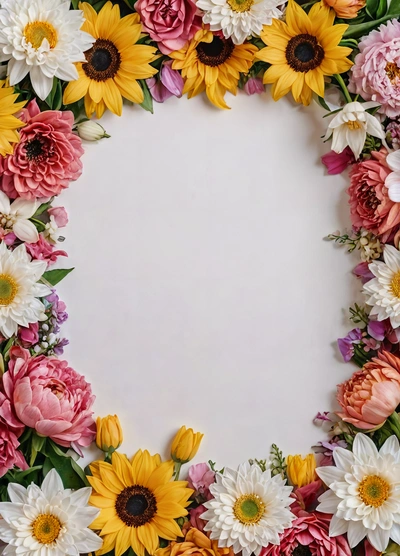 A white background with a bunch of flowers around it and a white circle in the middle of the photo with a white background with a bunch of flowers around it, plain background, a stock photo, temporary art