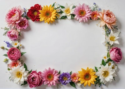 A picture of a flower frame made of flowers on a white background with a place for text or a picture of a flower arrangement in the middle, plain background, a stock photo, temporary art