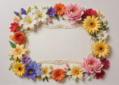 A picture of a flower wreath made of flowers on a white background with a place for the text in the center of the picture is a frame, highly detailed digital art, an airbrush painting, temporary art