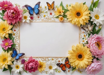 A picture frame with flowers and butterflies on it, with a white background and a gold border around the edges of the picture, with a white background, highly detailed digital art, computer graphics, cloisonnism