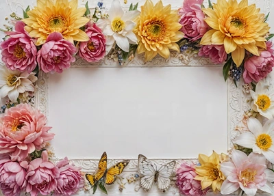 A picture frame with flowers and butterflies on it, with a white background and a white border with a white border with a white border, affinity photo, a stock photo, arts and crafts movement