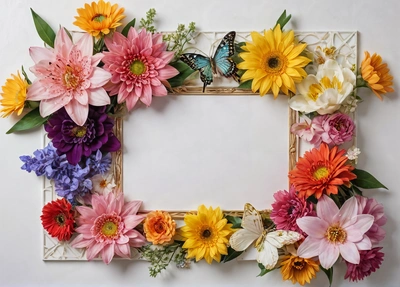 A picture frame with flowers and a butterfly on it, with a white background and a white border around it, with a butterfly on top of the picture, affinity photo, a stock photo, arts and crafts movement