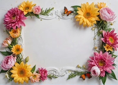 A picture frame with flowers and a butterfly on it's side, with a white border around it, and a white background with a white border, plain background, a still life, temporary art