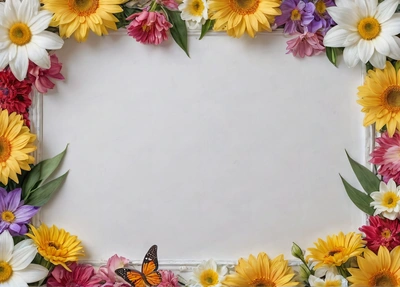 A picture frame with flowers and a butterfly on it's side, with a white background and a white border with a white border, plain background, a stock photo, folk art