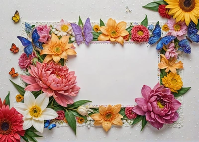 A picture frame made out of flowers and butterflies on a table top with a butterfly on the side of the frame and a butterfly on the side of the frame, affinity photo, computer graphics, arts and crafts movement