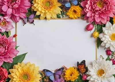 A white sheet of paper surrounded by colorful flowers and butterflies on a white background with a gold frame for text or image or image with a butterfly, affinity photo, a stock photo, cloisonnism