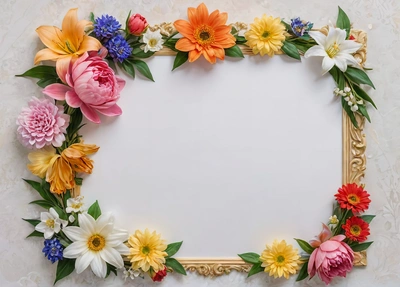 A picture frame with flowers on a white background with a gold frame and a white wall behind it is a white wall with a white wall and a gold frame, plain background, a stock photo, temporary art