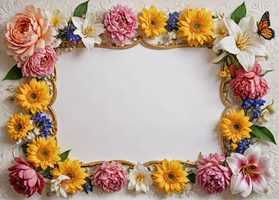 A picture frame with flowers and butterflies on it, with a white background and a white border with a gold border and a white background with a gold border, plain background, a stock photo, folk art