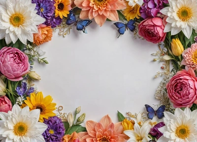 A white background with a bunch of flowers and butterflies around it with a white center surrounded by colorful flowers and butterflies on the bottom of the, plain background, a stock photo, folk art