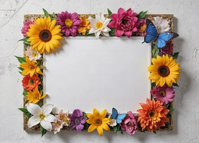 A picture frame with flowers and butterflies on a wall background with a blank space for text or a photo or a butterfly on the wall, affinity photo, a stock photo, ecological art