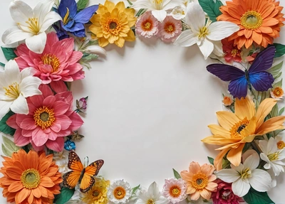 A white background with a bunch of flowers and butterflies around it with a white center surrounded by multicolored flowers and butterflies on the bottom, plain background, a stock photo, folk art