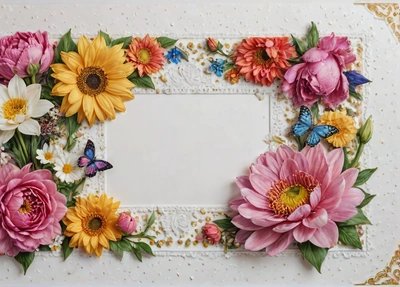 A picture frame with flowers and butterflies on it, with a white background and a gold border around the edges of the picture frame is a white square, highly detailed digital art, a cross stitch, folk art