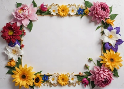 A picture frame made of flowers on a white background with a gold border around it and a few other flowers on the side of the frame, plain background, a stock photo, temporary art