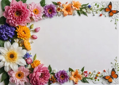 A white frame with flowers and butterflies on it, with a white background and a white border with a butterfly on it, and a white background with a white border with, plain background, a stock photo, art & language