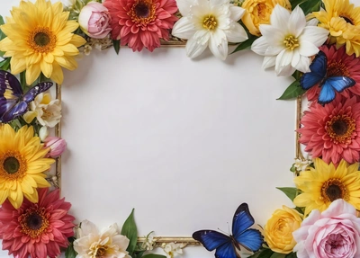 A picture frame with flowers and butterflies around it, with a white background and a gold frame with a white background and a blue butterfly, plain background, a picture, temporary art