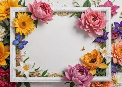 A white frame with flowers and butterflies around it on a white background with a white border around the edges of the frame is a white square, affinity photo, a stock photo, temporary art