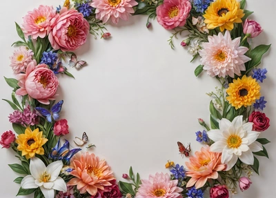 A circle of flowers arranged in a circle on a white background with a butterfly flying around it and a butterfly on the flower petals in the center, plain background, a flemish baroque, arts and crafts movement