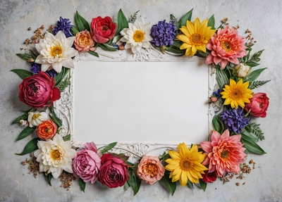 A white frame with flowers on it on a table top with a white background and a white border around the edges of the frame is a white square, flowers, a stock photo, arts and crafts movement