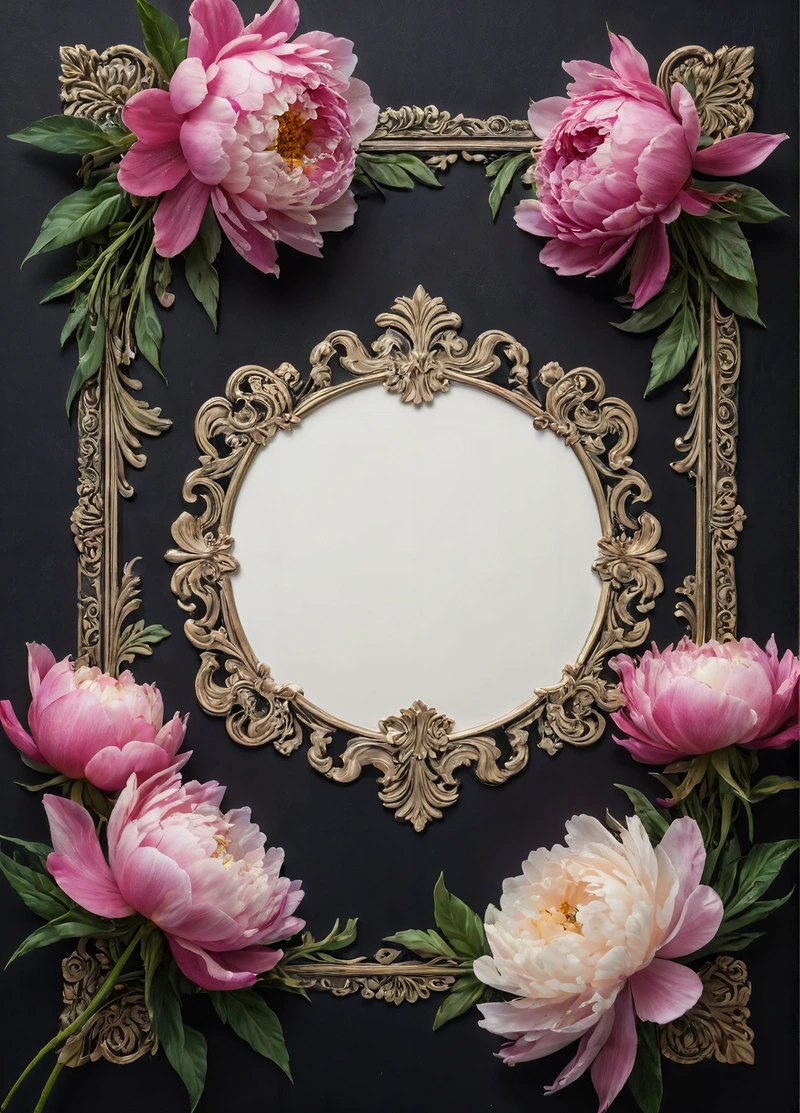 A mirror with flowers around it on a black background with a gold frame and a white circle surrounded by pink flowers on the bottom of the frame, book cover, a flemish baroque, rococo