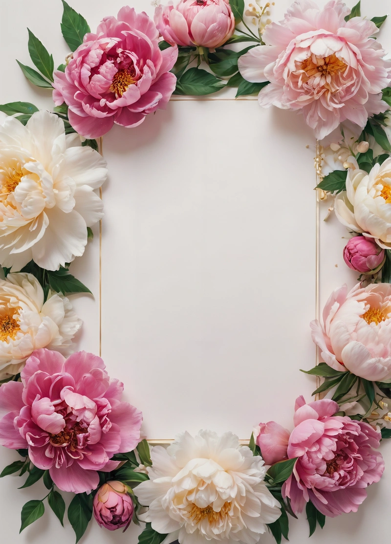 A square frame with pink and white flowers on a white background with a gold frame around it, with a place for a text or a picture, plain background, a picture, cloisonnism