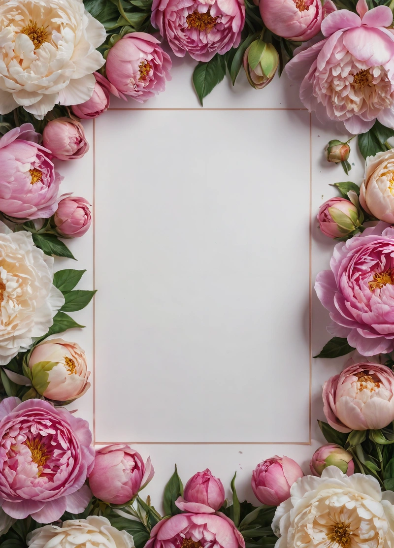 A square frame with pink and white flowers on a white background with a pink border around it and a white square in the middle of the middle, plain background, a storybook illustration, arts and crafts movement