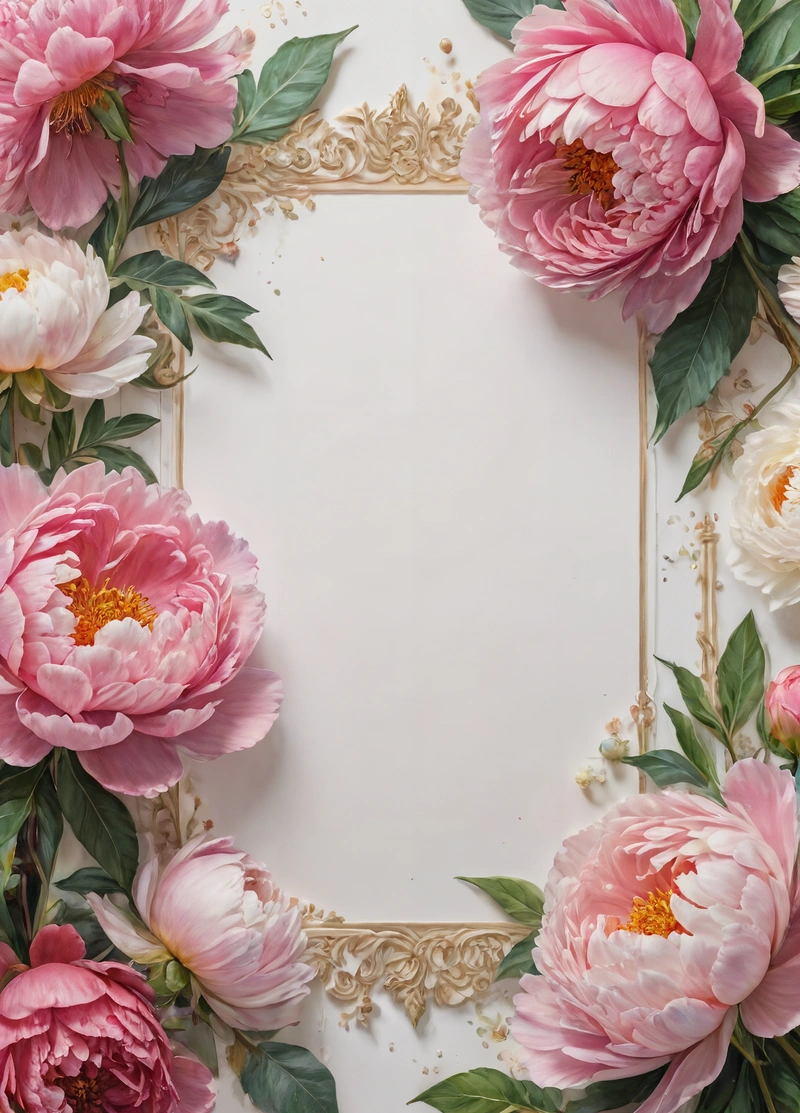 A picture frame with pink flowers and leaves on a white background with a gold border around it, with a place for a text or a picture, plain background, a detailed drawing, art & language