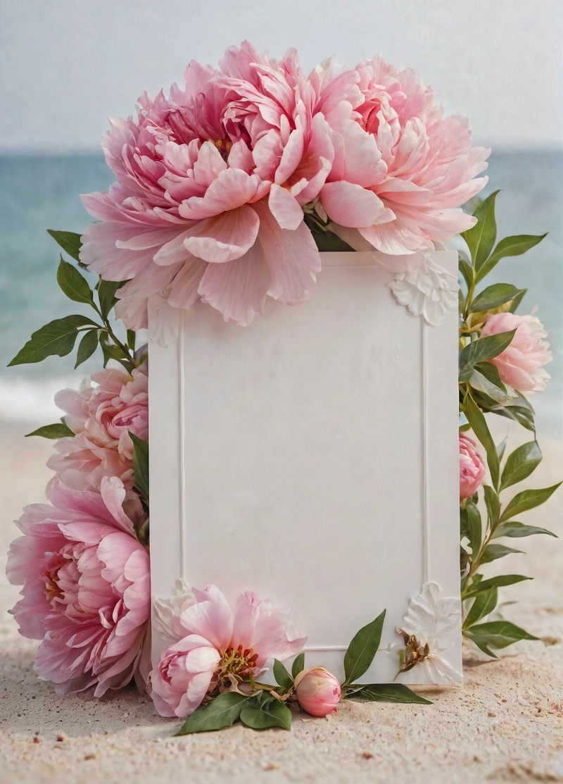 A white frame with pink flowers on a beach with a blue sky in the background and a white background with a white border and a white border, highly detailed digital painting, a photorealistic painting, folk art