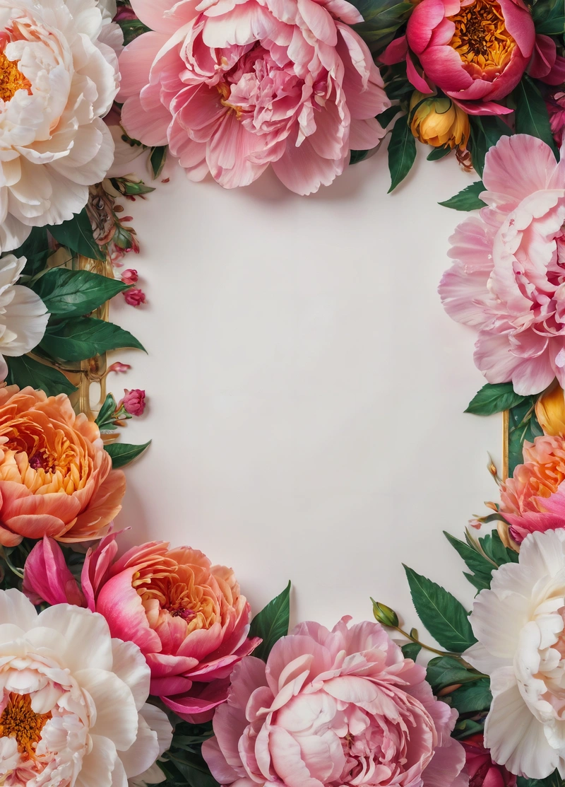 A white background with pink and red flowers and leaves around it, with a white center surrounded by green leaves and flowers, is surrounded by a white, plain background, a picture, arts and crafts movement