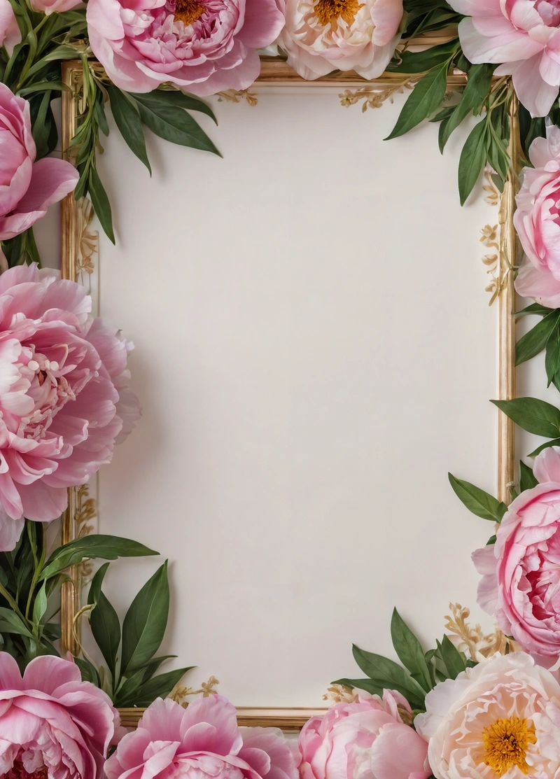 A square frame with pink flowers on a white background with a gold border around it and a place for a text or a picture or a picture, plain background, a picture, arts and crafts movement