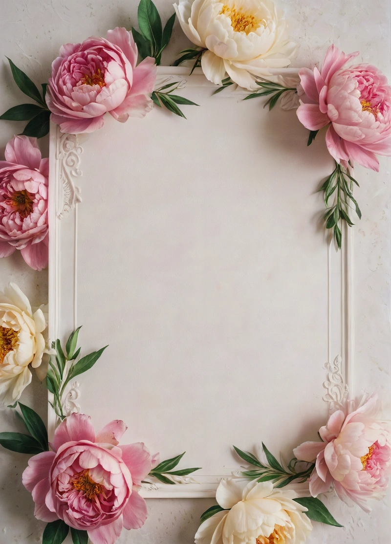 A white frame with pink and white flowers on it and a green leafy border around the edges of the frame is a white background, plain background, a poster, arts and crafts movement