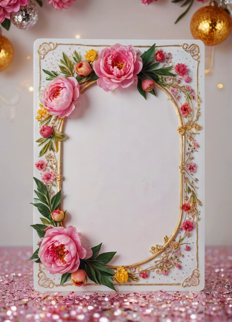 A card with flowers on it and a gold frame on a pink tablecloth with gold ornaments around it and a pink glitter background with a gold ornament, ornate, a 3d render, rococo