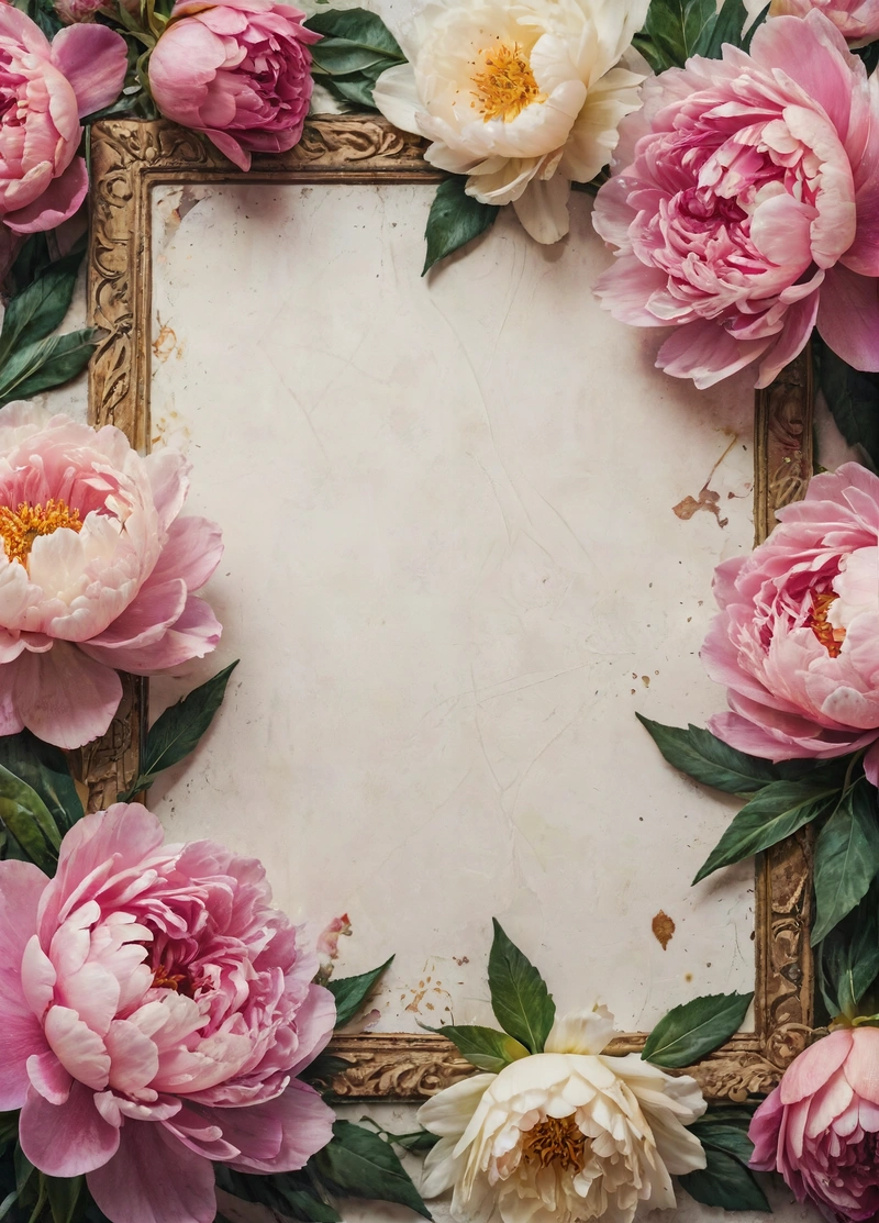 A picture frame with pink and white flowers on it and a gold frame with leaves around it, with a white background and a gold border, book cover, a painting, arts and crafts movement
