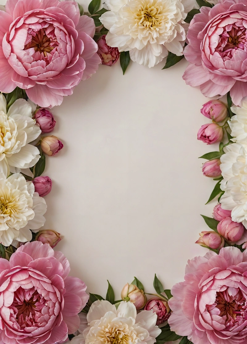 A white and pink flower frame with a white background and a white circle with flowers around it, with a place for a text or a name, plain background, a minimalist painting, temporary art