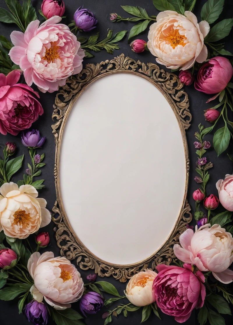 A picture frame with flowers around it on a black background with a gold border around it is a place for a photo or a card, defined facial features, an ultrafine detailed painting, cloisonnism