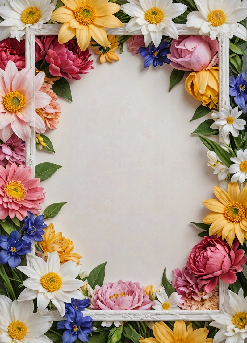 A picture frame with flowers around it on a white background with a white border around it is a white square with a white border and a white border with a, flowers, a stock photo, temporary art